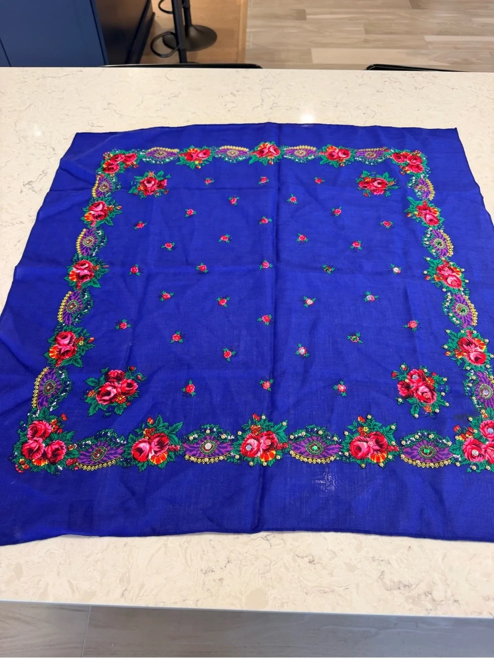 VTG Japanese Pure Virgin Wool Floral Scarf Blue Rhinestone Embellished